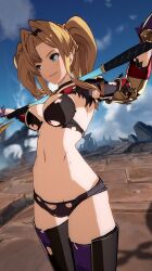 1girls armor big_breasts blonde_hair breasts busty cleavage female female_only granblue_fantasy granblue_fantasy_versus green_eyes grin highres large_breasts legs mod navel panties smile solo thighs torn_clothes twintails underwear weapon zeta_(granblue_fantasy)