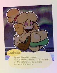 2022 animal_crossing belly big_breasts breasts bursting_breasts cleavage clothing dialogue female isabelle_(animal_crossing) large_breasts looking_at_viewer nintendo solo solo_focus text windreg wink