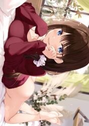 bed big_breasts blue_eyes blush boku_no_kanojo_sensei bottomless breast_press brown_hair fujiki_maka oryou teacher