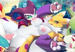 1girls bite biting_nipple blush digimon fur green_fur impmon purple_body purple_fur renamon tsampikos yellow_body yellow_fur