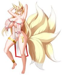 1girls big_breasts blonde_hair feet fox fox_ears fox_girl fox_tail hirume_of_heavenly_incense huge_breasts kitsune large_breasts last_origin long_hair multiple_tails nikurabbit tagme