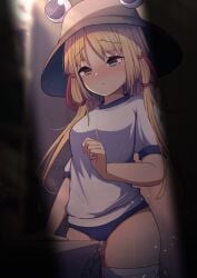 1girls absurdres bangs blonde_hair blue_buruma blush brown_eyes brown_headwear buruma crotch_rub darumoon female female_masturbation gym_uniform hair_ribbon hat highres long_hair masturbation masturbation_through_clothes open_mouth pussy_juice red_ribbon ribbon shiny shiny_skin shirt short_sleeves solo standing suwako_moriya table_humping thighhighs touhou white_shirt white_thighhighs