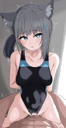 1boy absurdres animal_ear_fluff animal_ears arms_behind_back ass_grab bangs black_swimsuit blue_archive blue_eyes collarbone commentary competition_swimsuit donutman female grey_hair highres one-piece_swimsuit open_mouth out_of_frame pov sex shiroko_(blue_archive) shiroko_(swimsuit)_(blue_archive) side_ponytail standing standing_sex straight swimsuit trembling vaginal_penetration wolf_ears