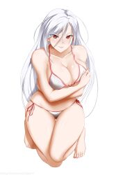 akashiya_moka ass_visible_through_thighs big_breasts bikini covering covering_breasts covering_self embarrassed eye_visible_through_hair inner_moka kimmy77 looking_at_viewer red_eyes rosario+vampire string_bikini tagme thick_thighs thigh_gap tsundere vampire white_background white_bikini white_hair white_skin wide_hips