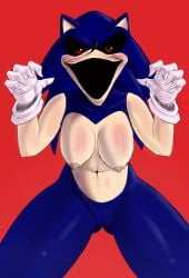 anthro black_sclera blue_fur breasts ear female gloves quills red_eyes rule_63 sonic.exe sonic.exe_(character) sonic_(series) sonic_the_hedgehog_(series) thick_thighs