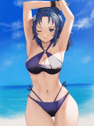 1girls alternate_costume armpits arms_up bare_shoulders beach bikini blue_bikini blue_eyes blue_hair blue_sky blue_swimsuit breasts cleavage collarbone commission female female_only fire_emblem fire_emblem:_new_mystery_of_the_emblem flower hair_flower hair_ornament highres kris_(female)_(fire_emblem) kris_(fire_emblem) large_breasts navel nintendo o-ring o-ring_bikini o-ring_top ocean oyasu_(kinakoyamamori) side-tie_bikini sky smile solo stomach swimsuit