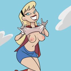 1girls blonde_hair blue_eyes breasts calicobggs dc dc_comics dcau exposed_breasts female female_only flashing flying kara_danvers kara_zor-el kryptonian light-skinned_female long_hair looking_at_viewer no_bra shirt_lift smile supergirl superman:_the_animated_series superman_(series) thick_thighs wide_hips