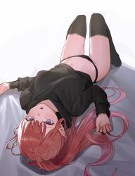 1girls bed black_legwear black_panties elf female female_only high_ponytail hoodie indie_virtual_youtuber legwear light-skinned_female light_skin lying lying_on_back midriff on_bed panties peari_morino pink_hair pointy_ears ponytail purple_eyes red_hair shirt solo sooon stomach thighhighs thighs two_tone_hair underwear virtual_youtuber