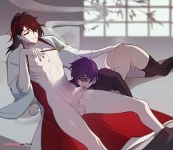 2boys background balls bed blowjob clothing cute_male earrings fellatio fingering fingering_ass implied_fingering indie_virtual_youtuber male male_only matemi nijisanji nijisanji_en partially_clothed pecs penis penis_size_difference purple_eyes purple_hair red_hair saliva shoto small_penis tagme testicles thighhighs virtual_youtuber vox_akuma vtuber window yaoi yellow_eyes