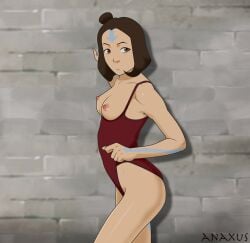 1girls against_wall air_nomad airbender_tattoo anaxus arm_support artist_name avatar_legends breasts breasts_out clothes_pull female female_only human jinora nipples one-piece_swimsuit pulling_clothing side_view small_breasts solo standing swimsuit swimwear tattoo the_legend_of_korra young