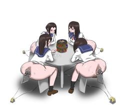 4girls anal anal_dildo anal_insertion bottomless brown_hair game huge_anus multiple_girls pon_(artist) sailor_uniform