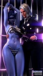 2girls 3d ashe_(overwatch) baton blindfold blizzard_entertainment handcuffed handcuffs kachigachi nightstick overwatch patreon_username prison prison_bars prison_cell prison_guard prison_uniform prisoner purple_hair purple_skin tattoo twitter_username white_hair widowmaker yuri