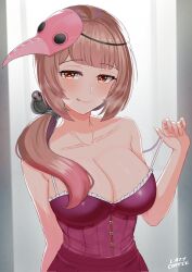 :d big_breasts breasts brown_hair cleavage exposed_shoulders heart-shaped_pupils indie_virtual_youtuber lazycoffee looking_at_viewer orange_eyes plague_doctor_mask ponytail shioripon snake_hair_ornament sweat sweating sweaty_breasts tongue tongue_out undressing virtual_youtuber