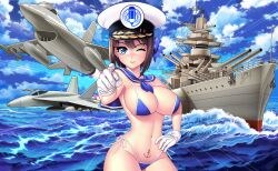 artist_request battleship big_breasts bikini blue_bikini blue_eyes breasts brown_hair busty character_request cleavage f16 f18_hornet female female_only girls gloves hair_ribbon hand_on_hip jet large_breasts legs lipstick navel ocean one_eye_closed pink_lips pointing sensual smile solo stomach_tattoo tattoo thick_thighs thighs thong_bikini voluptuous water wink