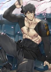 1boy abs brown_hair doudanuki_masakuni looking_pleasured male male_only muscles pubic_hair solo suyohara touken_ranbu