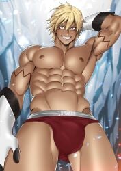 1boy abs being_undressed blonde_hair looking_at_viewer looking_down looking_down_at_viewer low-angle_view male male_only muscles muscular muscular_male solo solo_male suyohara tensei_shitara_slime_datta_ken that_time_i_got_reincarnated_as_a_slime thighs veldora_tempest