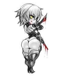 ass chibi fate/apocrypha fate/grand_order fate_(series) green_eyes huge_ass jack_the_ripper_(fate/apocrypha) knives licking_lips looking_at_viewer looking_back micro_thong scar seductive_eyes seductive_smile short_hair shortstack shoulder_tattoo smile tattoo thegoldensmurf thick_thighs thighhighs thighs thong tongue tongue_out weapon white_hair