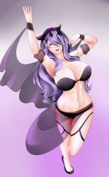 1girls arant_king bare_legs belly_dancer belly_dancer_outfit black_bra black_panties bra breasts camilla_(fire_emblem) cleavage dancer dancing female female_only fire_emblem fire_emblem_fates hair_over_one_eye harem_girl harem_outfit large_breasts legs long_hair looking_at_viewer nintendo open_mouth panties purple_eyes purple_hair see-through smile solo underwear veil