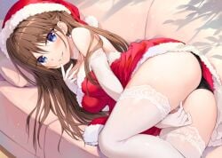 big_breasts black_panties blue_eyes boku_no_kanojo_sensei brown_hair christmas_clothing fujiki_maka lace-trimmed_thighhighs lingerie oryou teacher thighhighs