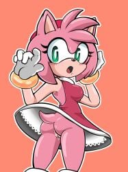 amy_rose anthro ass blush bodily_fluids bottomless clothed clothing dripping_pussy erect_nipples erect_nipples_under_clothes eulipotyphlan female genital_fluids genitals hedgehog hi_res leaking_pussy looking_back mammal nipple_bulge nipple_outline nixtnya no_panties orange_background pussy pussy_juice pussy_juice_drip pussy_juice_leaking sega simple_background solo sonic_(series) surprise upskirt