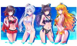 4girls bikini black_hair blake_belladonna blonde_hair blue_eyes faunus female female_only human iesupa long_hair multiple_girls pale_skin purple_eyes purple_hair ruby_rose rwby short_hair silver_eyes swimsuit swimwear tagme team_rwby two_tone_hair weiss_schnee white_hair yang_xiao_long yellow_eyes