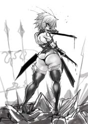 ass back fate/apocrypha fate/grand_order fate_(series) green_eyes huge_ass jack_the_ripper_(fate/apocrypha) knives looking_at_viewer looking_back micro_thong scar short_hair shoulder_tattoo tattoo thegoldensmurf thick_thighs thighhighs thighs thong weapons white_hair