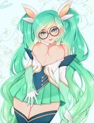 breasts crystall glasses green_eyes green_hair league_of_legends pigtails sona_buvelle star_guardian_series star_guardian_sona thighs