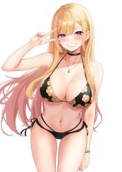 1girls amulet belly belly_button big_breasts bikini blonde_female blonde_hair blush blushing breasts choker curves curvy curvy_body curvy_female curvy_figure curvy_hips exposed_shoulders female female_only fit gyaru hand_sign huge_breasts kitagawa_marin large_breasts long_fingernails nail_polish necklace painted_nails peace_sign pink_eyes saeu shoulders solo sono_bisque_doll_wa_koi_wo_suru swimsuit swimwear thick thick_thighs thigh_gap thighs tummy