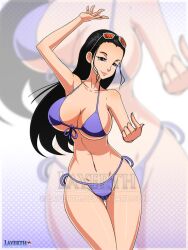 1girls armpits bikini black_hair blue_eyes cleavage female female_only large_breasts layerth long_hair nico_robin one_piece sunglasses_on_head voluptuous watermark