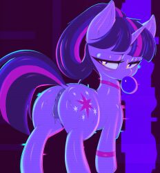 2022 animal_genitalia animal_pussy anus ass bedroom_eyes bodily_fluids bubble_gum cutie_mark equid equine equine_pussy female feral friendship_is_magic fur genital_fluids genitals hair hasbro hi_res hooves horn looking_back mammal multicolored_hair my_little_pony narrowed_eyes puffy_anus purple_body purple_fur purple_hair pussy pussy_juice seductive simple_background sinrizuki solo sweat twilight_sparkle_(mlp) unicorn