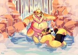 alleros_(howlingampharos) ampharos anthro ass big_butt canid canine canis chubby_anthro detailed_background domestic_dog duo hi_res leg_grab male male/male mammal nintendo oral partially_submerged pokémon_(species) pokemon pokemon_(species) raburigaron steam superchub thigh_grab video_games waterfall waterfall_shower zesty_(zestibone)