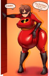 1girls bbw belly big_belly big_breasts breasts brown_hair disney elastigirl fat female hand_on_belly helen_parr kipteitei large_breasts mature_female milf mother nipple_bulge overweight pixar pokies skintight smooth_skin solo_female superheroine the_incredibles weight_gain