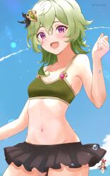 amber_(genshin_impact) bikini black_skirt bra clear_sky collei_(genshin_impact) female female_focus female_only first_person_perspective genshin_impact green_bra green_hair hair_ornament happy highres no_panties pink_eyes plaid_skirt pleated_skirt purple_eyes skirt swimsuit towrituka water_drop