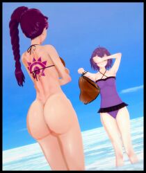 2girls accidental_exposure alternate_costume amanwithnoplan ass back back_tattoo back_view bare_back beach bernadetta_von_varley big_ass bikini bikini_bottom bikini_malfunction bikini_top bottomless brown_bikini brown_swimsuit bubble_butt covering_eyes dark-skinned_female dark_skin embarrassed female female_only fire_emblem fire_emblem:_three_houses huge_ass large_ass lost_clothes multiple_girls nintendo oblivious one-piece_swimsuit petra_macneary purple_swimsuit tattoo wardrobe_malfunction