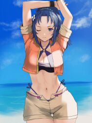 1girls alternate_costume arms_up beach bikini blue_bikini blue_eyes blue_hair blue_sky blue_swimsuit breasts cleavage collarbone commission cropped_jacket female female_only fire_emblem fire_emblem:_new_mystery_of_the_emblem flower hair_flower hair_ornament highres jacket kris_(female)_(fire_emblem) kris_(fire_emblem) large_breasts navel nintendo o-ring o-ring_bikini o-ring_top ocean open_clothes open_jacket orange_jacket oyasu_(kinakoyamamori) shorts side-tie_bikini sky smile solo stomach swimsuit swimsuit_under_clothes