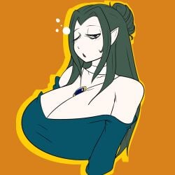 1girls bare_shoulders blue_eyes bluueygooey breasts cleavage dress female female_only fire_emblem fire_emblem:_three_houses green_hair huge_breasts linhardt_von_hevring long_hair looking_at_viewer nintendo one_eye_closed open_mouth original pointy_ears post-timeskip rule_63 seiekisnake shoulders sleeping solo tired