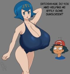 1boy 1girls ash_ketchum bloxwhater blue_eyes blue_hair blush chibi dialogue english_text female_focus gigantic_breasts hair hand_behind_head huge_breasts hyper_breasts lana_(pokemon) mob_face nintendo nipple_bulge pinup pokemon pokemon_sm satoshi_(pokemon) stretched_clothing swimsuit swimwear tan_skin