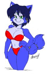 2018 akatsukishiranui-fox alluring anthro big_breasts bikini blue_fur blue_hair breasts canine clothed clothing female fox fur green_eyes hair hand_on_hip krystal looking_at_viewer mammal nintendo simple_background smile star_fox star_fox_assault swimsuit video_games white_background