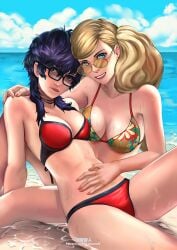 2girls ann_takamaki beach bikini black_hair blonde_hair blue_eyes breasts brown-tinted_eyewear choker glasses in_water jiro-knightraider joker_(persona) large_breasts long_hair looking_over_eyewear looking_over_glasses looking_over_sunglasses medium_breasts multiple_girls outside pattern_bikini persona persona_5 red_bikini ren_amamiya rule_63 sunglasses tinted_eyewear twintails