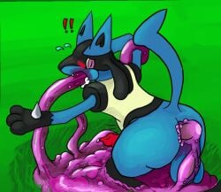 1boy anal anal_egg_implantation anal_oviposition anal_sex animal_genitalia animal_penis anthro balls canine_penis egg egg_implantation exclamation_point genitals goo_creature looking_back lucario male nintendo oral oral_penetration oviposition penetration penis pokemon pokemon_(species) questionable_consent restrained solo_focus video_games vulnec