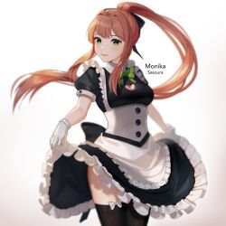 1girls artist_name boob_window bow_in_hair breasts brown_hair character_name clothed clothes clothing corset doki_doki_literature_club dress dress_lift female gloves green_eyes hair hair_bow hair_ribbon heart_boob_window leggings lipstick long_hair maid maid_uniform monika_(doki_doki_literature_club) panties ponytail sasoura skirt_lift solo standing thighhighs thighs