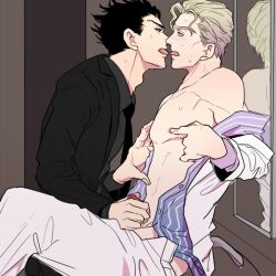 2boys clothed diamond_is_unbreakable gay hand_on_another's_penis jojo's_bizarre_adventure kosaku_kawajiri male male_only masturbating_other tongue_out undressing yaoi yoshikage_kira