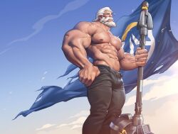 1boy bulge caucasian caucasian_male daddy flag jeans male male_only muscles muscular muscular_male overwatch reinhardt shirtless_male silverjow