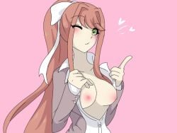 1girls areola areolae blush bow breasts breasts_out breasts_outside brown_hair clothes clothing doki_doki_literature_club female green_eyes hair hair_bow hair_ribbon heart long_hair monika_(doki_doki_literature_club) nipples one_eye_closed pink_background shirt_open simple_background solo solo_female sung-san_(artist) undressing uniform white_bow white_hearts winking