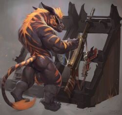 2022 absurd_res ass ball_tuft balls charr claws clenched_teeth clothing darkgem digitigrade felid fur genitals guild_wars gun hair hi_res horn jockstrap male male_focus male_only mammal nude ranged_weapon red_eyes rifle sniper_rifle solo standing teeth tuft underwear video_games weapon