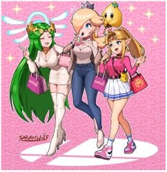 3girls bimbo blonde_female blonde_hair blue_eyes boob_window boots bracelet casual casual_clothes choker cleavage company_connection crossover crown denim dress drink earrings green_hair hair_over_one_eye high_heel_boots high_heels jacket jeans kid_icarus long_hair luma mario_(series) modern_setting nike nintendo palutena pink_shirt platinum_blonde_hair ponytail princess_rosalina princess_zelda sarukaiwolf sfw shirt shopping_bag skirt smile socks super_smash_bros. tennis_shoes the_legend_of_zelda thigh_boots tiara triforce_earrings turtleneck white_boots white_dress zelda_(a_link_between_worlds)