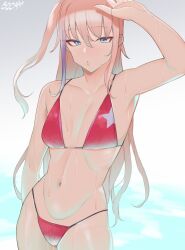 arm_up armpits bangs bikini blue_eyes boca breasts female girls'_frontline highres long_hair looking_at_viewer navel parted_lips pink_hair side_ponytail small_breasts solo st_ar-15_(girls'_frontline) swimsuit wet