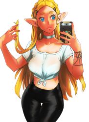 black_pants blonde_hair blue_eyes breath_of_the_wild casual casual_clothes choker imdsound long_hair nintendo pants phone princess_zelda selfie sheikah_slate shirt the_legend_of_zelda tied_shirt white_shirt zelda_(breath_of_the_wild)