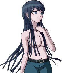 big_breasts blue_eyes blue_hair blue_jeans breasts cheeeeeeeeeeeeen chest danganronpa danganronpa:_trigger_happy_havoc edit female_only happy jeans maizono_sayaka nipples pink_nipples smile smiling smooth_skin sprite sprite_edit thighs