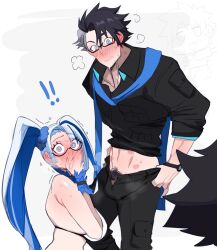 !! 1boy 1girls black_hair blue_hair blush brynhildr_(fate) caught covering_mouth embarrassed fate_(series) female fujimaru_ritsuka_(male) glasses grey_hair gudao heavy_blush hi_res kiss_mark kneeling lightsource long_hair looking_at_viewer male open_pants penis_bulge pov pov_eye_contact pubic_hair sigurd_(fate) steamy_breath twintails two_tone_hair white_background white_hair